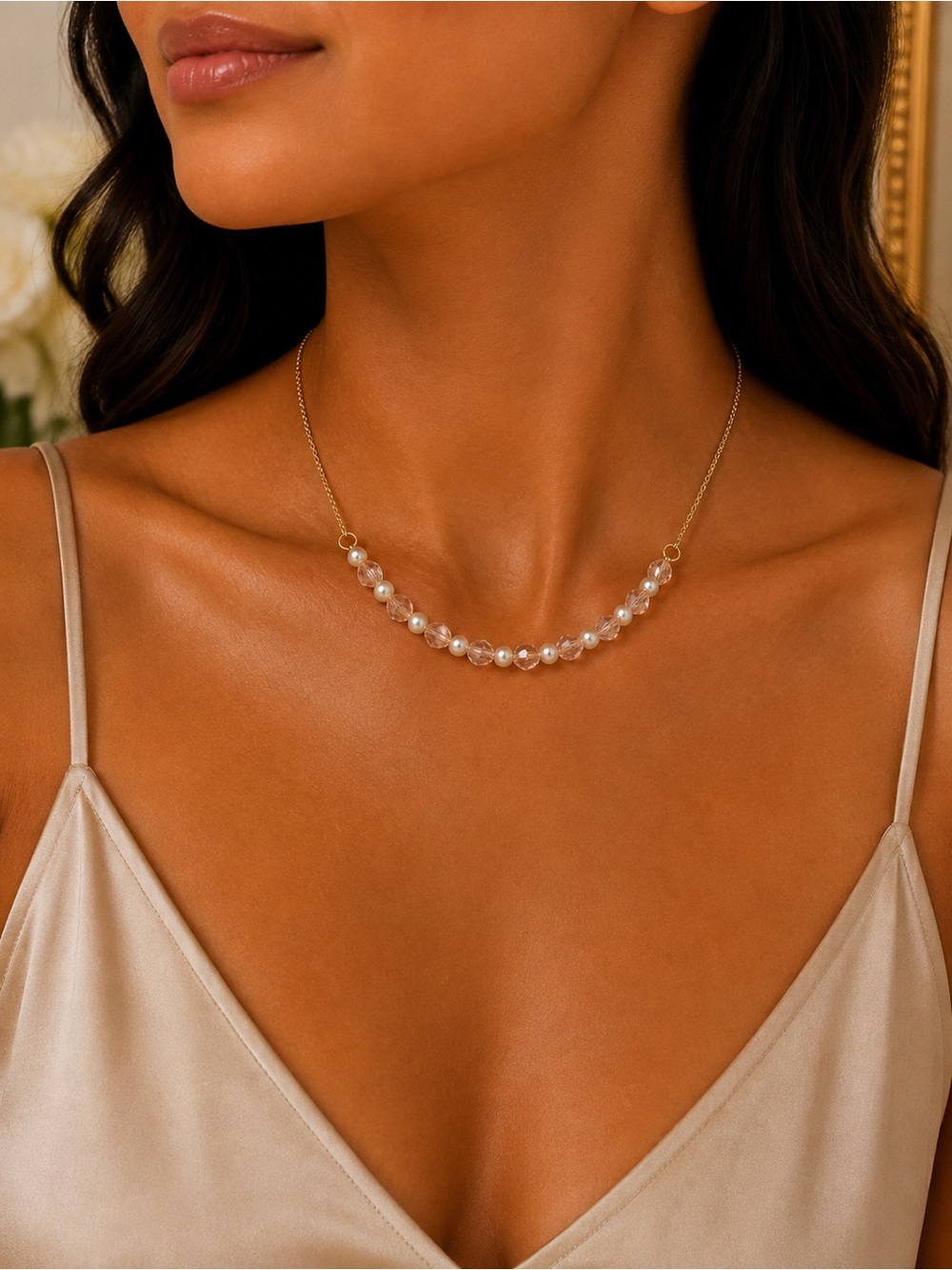 Swarovski Silk Crystal & Cream Pearl Necklace Gold Tone